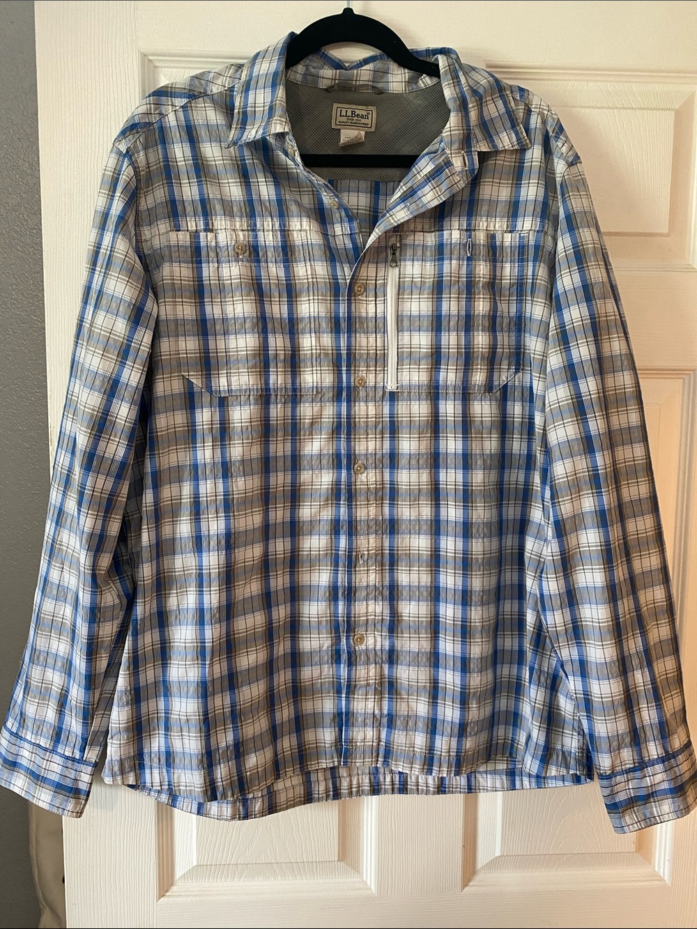 L.L. Bean Men’s Blue and White Plaid Button-Down Shirt